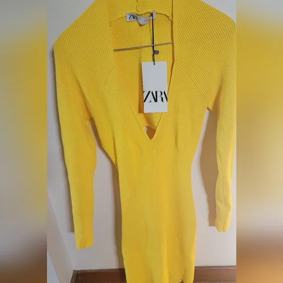 Zara Vibrant Yellow Long Sleeve Bodycon Ribbed Knit Mini Dress SIZE M. - Picture 7 of 10